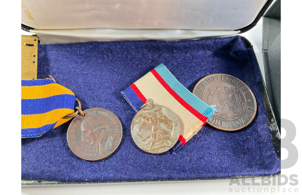 Collection of Medals Including Australian 2005 Department of Veterans Affairs WW2 Service Medal, Lest We Forget Fifty Years End of WW2, 1945 WW2 Victory Medal, NSW 1938 150th Anniversary.............