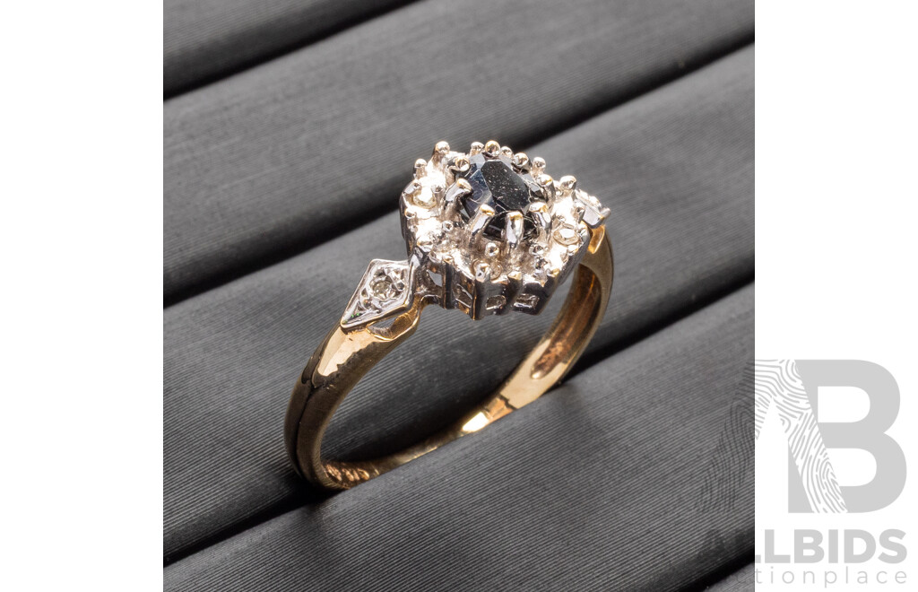 9ct 2 Tone Yellow/White Gold Ring with Sapphire and Diamonds - Size M