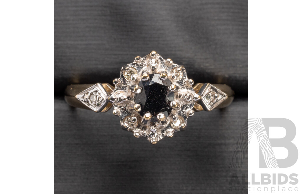 9ct 2 Tone Yellow/White Gold Ring with Sapphire and Diamonds - Size M