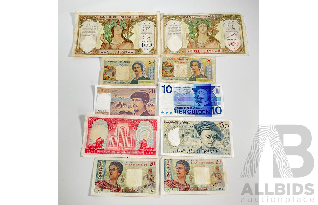 L103 - Collection of Vintage Banknotes Including France, Tahiti, Netherlands, Hong Kong, Noumea