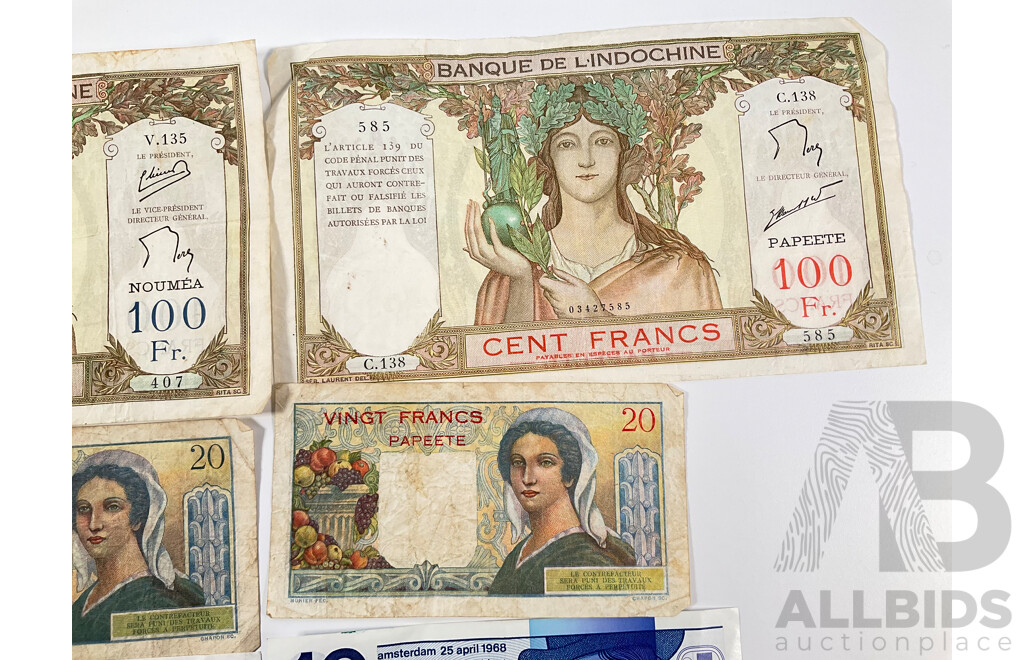 L103 - Collection of Vintage Banknotes Including France, Tahiti, Netherlands, Hong Kong, Noumea