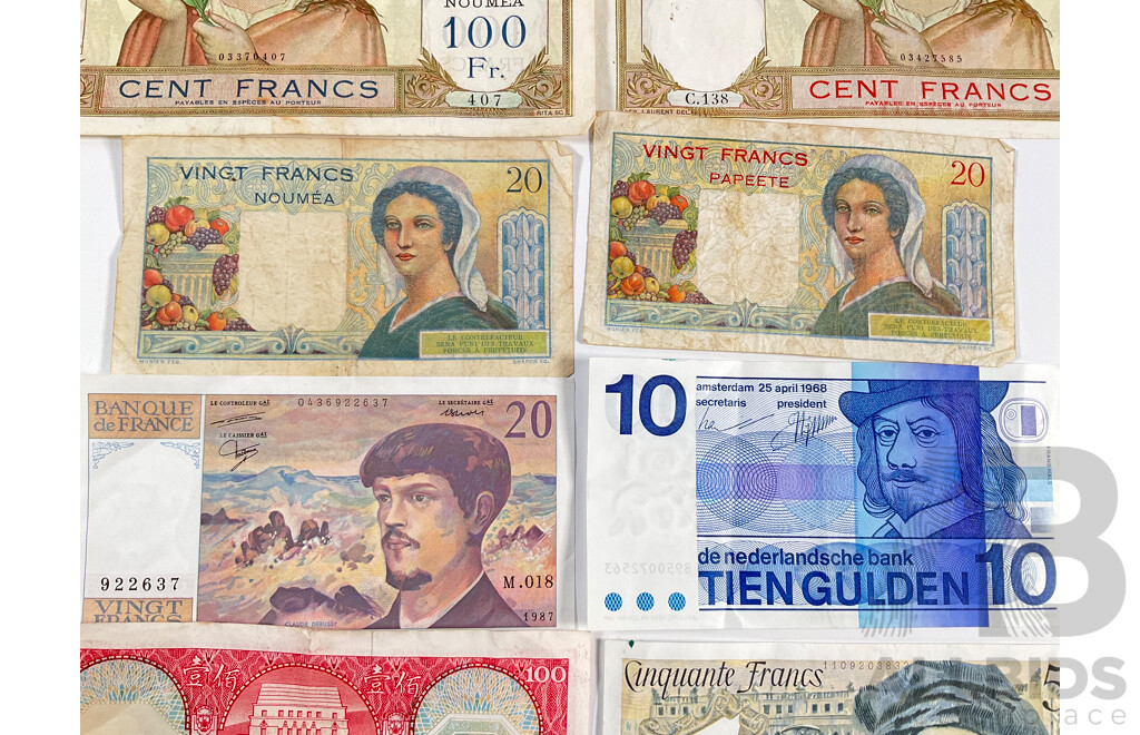 L103 - Collection of Vintage Banknotes Including France, Tahiti, Netherlands, Hong Kong, Noumea