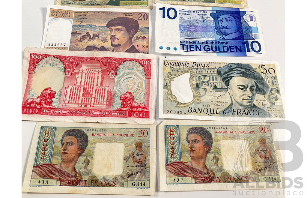 L103 - Collection of Vintage Banknotes Including France, Tahiti, Netherlands, Hong Kong, Noumea