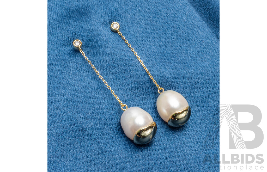 925 Sterling Silver Gold Plated Drop Pearl Earrings Pair - by Bianc