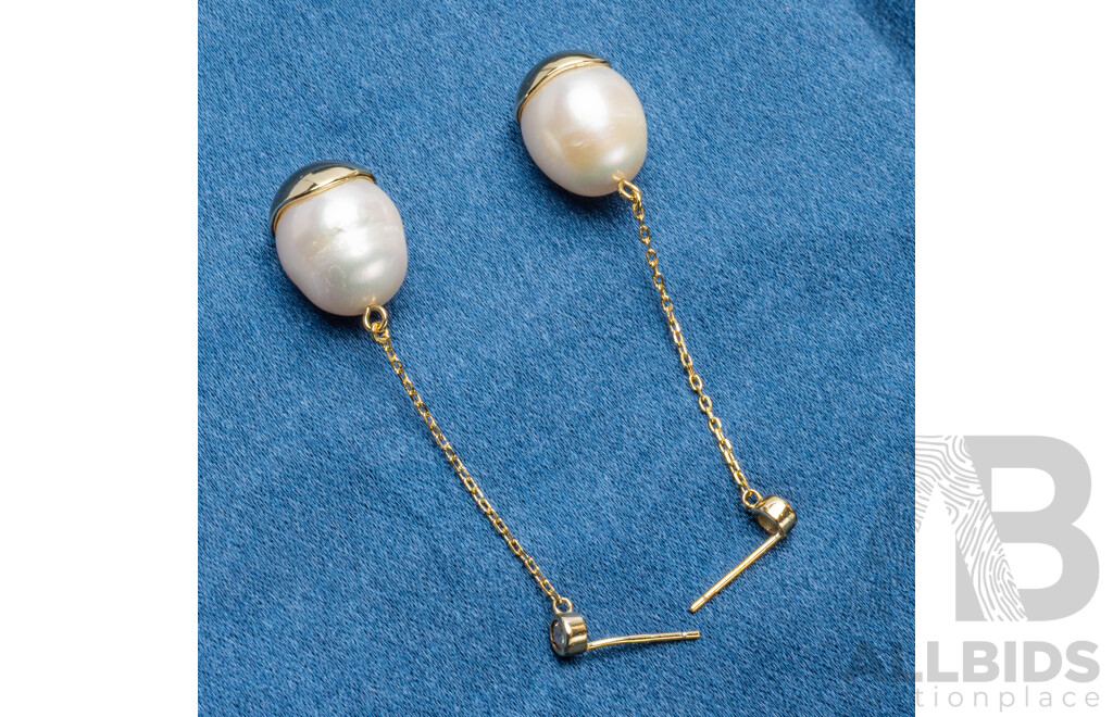 925 Sterling Silver Gold Plated Drop Pearl Earrings Pair - by Bianc