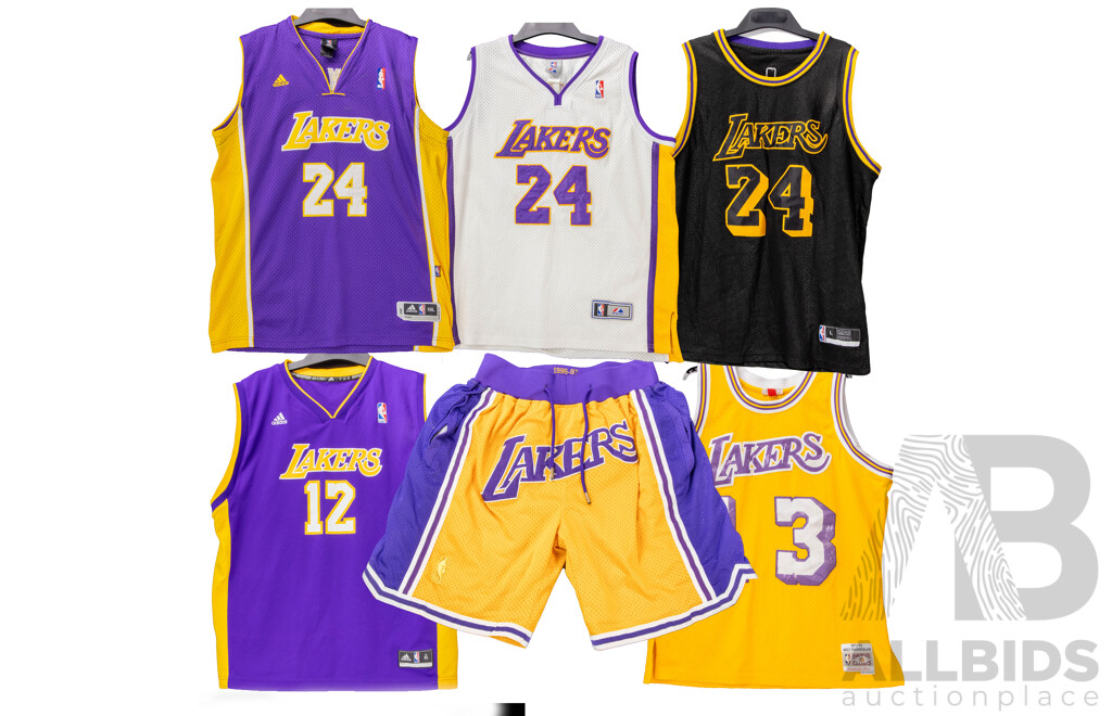 Collection of Five Las Angles Lakers Basket Ball Jerseys and a Pair of Shorts