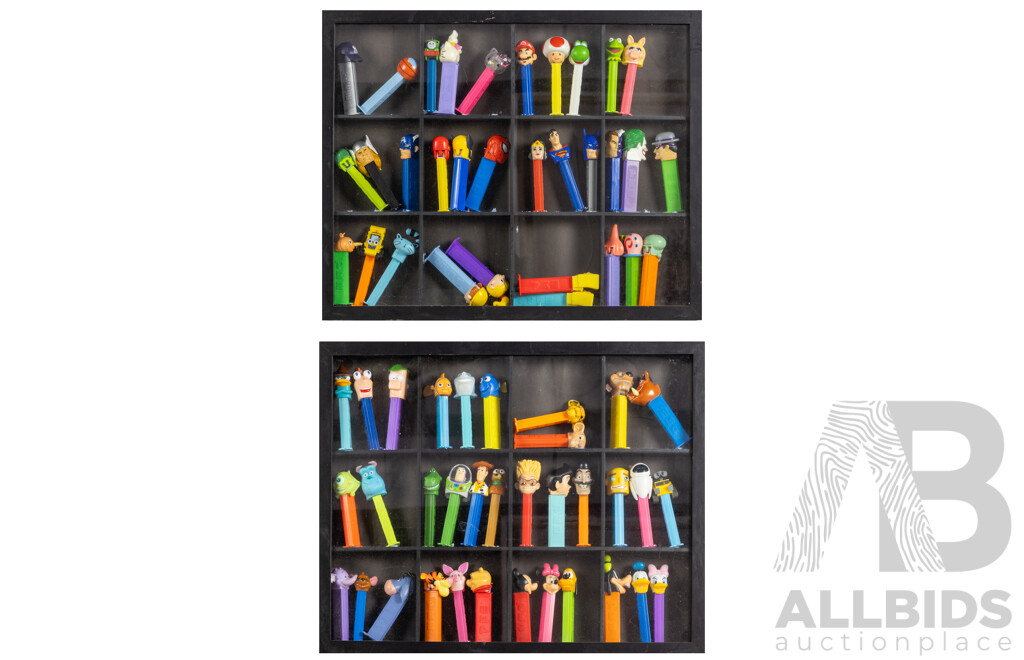 Large Collection of Vintage Pez Dispensers in Box Frames