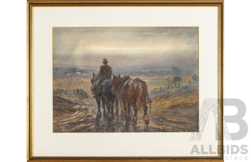 William Young, (19/20th Centuries, British-Australian, 1875-1944), Stockman and Horses Heading Home at Dusk (1927), Antique Watercolour on Card, 42 x 51 Cm (frame)