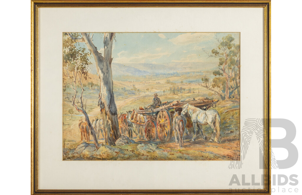 William Young, (19/20th Centuries, British-Australian, 1875-1944), Stockman and Herd of Horses Heading Out, (1927), Antique Watercolour on Card, 42 X 51 Cm (frame)