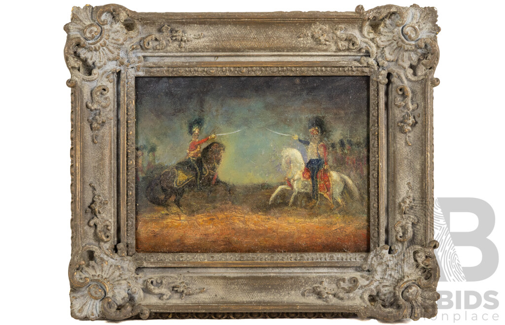Artist Unknown (Early 20th Century), Duel, Wonderful Original Antique Oil on Board, 25 x 30 cm (frame)