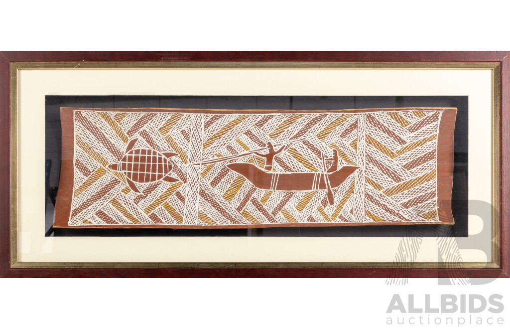 Artist Unknown (20th Century, Indigenous-Australian), Hunters & Turtle, Original Vintage Pigment on Bark Panel, 41 x 91 cm (frame)