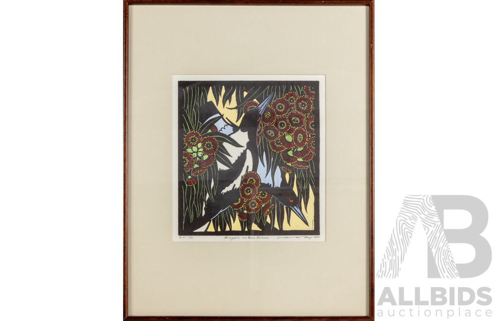 Leslie Victor Van Der Sluys, (20th Century, Australian, 1939-2010), Magpies and Gum Blossom (1980), Hand Coloured Linocut, 63 x 49 cm (frame)