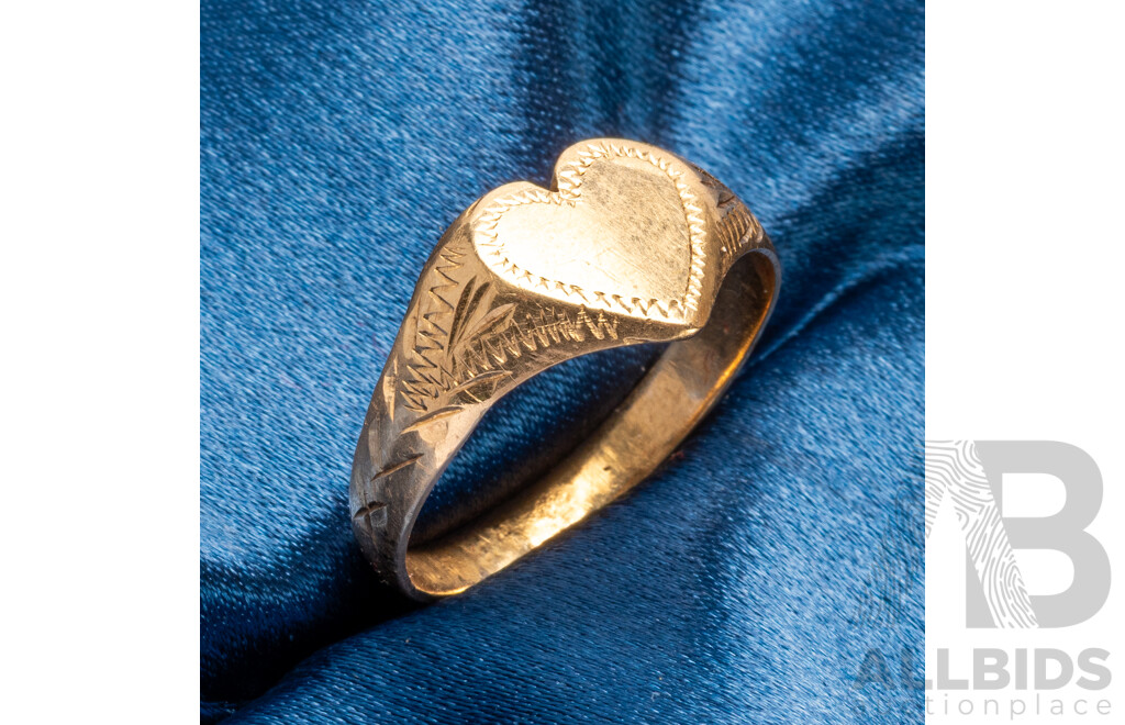 18ct Yellow Gold European Heart Signet Ring - Size X.5