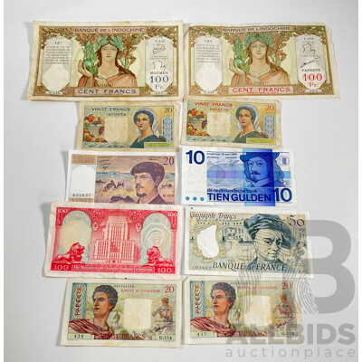 L103 - Collection of Vintage Banknotes Including France, Tahiti, Netherlands, Hong Kong, Noumea