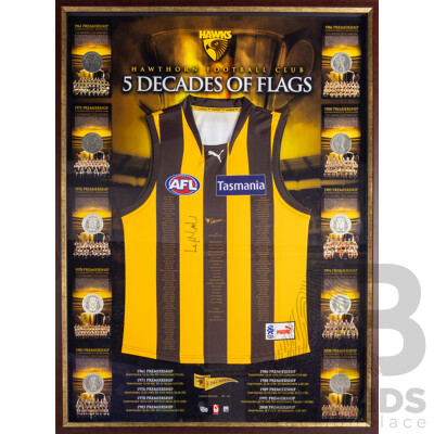 Framed Hawthorn Football Club 5 Decades of Flags Photo Montage with Jersey