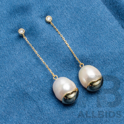 925 Sterling Silver Gold Plated Drop Pearl Earrings Pair - by Bianc