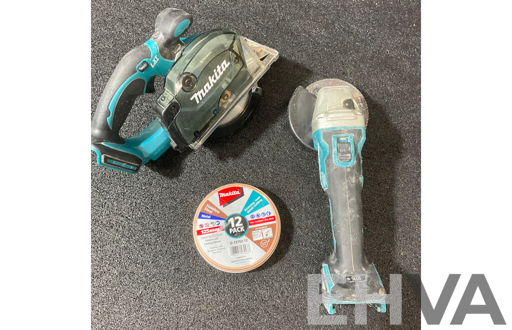 MAKITA 18V Brushless Angle Grinder(DGA504), Metal Cutter (DCS552) and Spare Cutting Wheels - Lot of 3