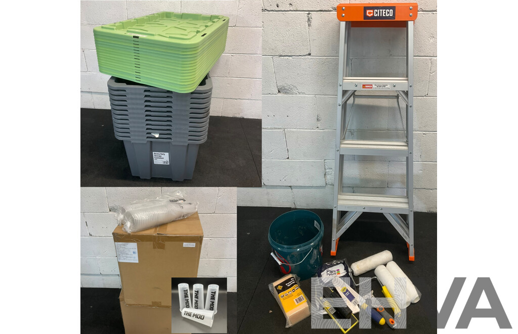 Assorted Painting Accessories, Storage Boxes and Plastic Cups