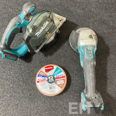 MAKITA 18V Brushless Angle Grinder(DGA504), Metal Cutter (DCS552) and Spare Cutting Wheels - Lot of 3