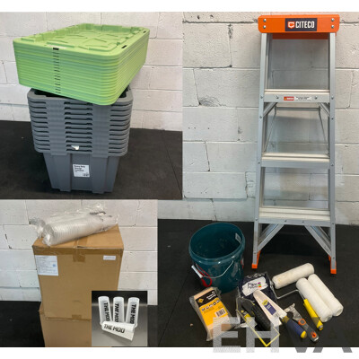 Assorted Painting Accessories, Storage Boxes and Plastic Cups