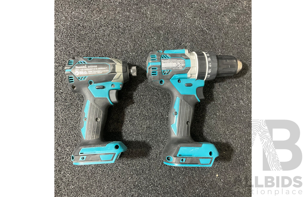 MAKITA 18V Brushless Combo Kit- Hammer Drill (DHP484), Impact Driver (DTD153) and Battery Charger (DC18RC) - Lot of 3