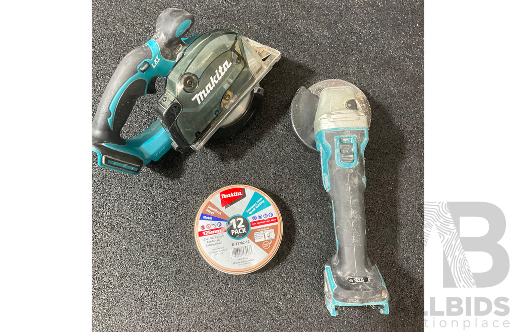 MAKITA 18V Brushless Angle Grinder(DGA504), Metal Cutter (DCS552) and Spare Cutting Wheels - Lot of 3