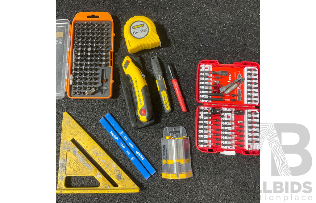 MILWAUKEE 12V Drill Driver (M12BD), FULLBOARD and Craftright  Bit Sets and STANLEY Tools - Lot of 10