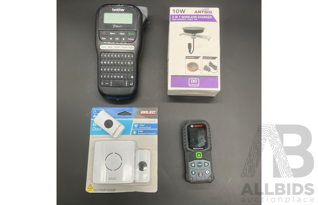 BROTHER Label Maker, ANTSIG Wireless Charger, ARLEC Wireless Door Chime and BOSCH Laser Mesure - Lot of 4