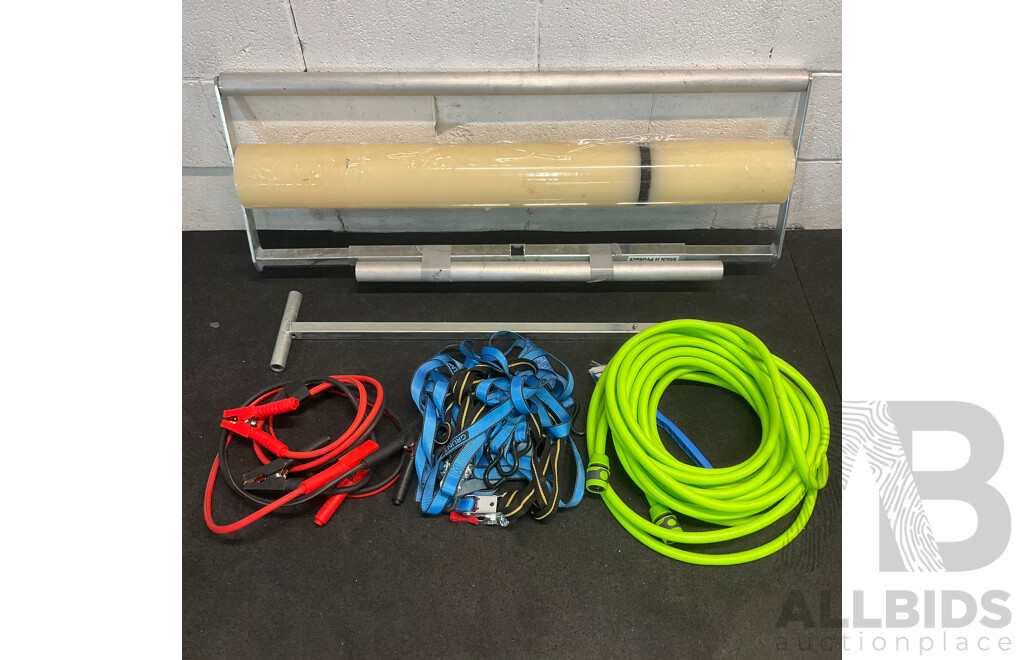 Clear Protective Self-adhering Plastic Film, SMART Overspray Masking Film, Green Hose, Assorted Ratchet Straps and Jumper Cables - Lot of 5