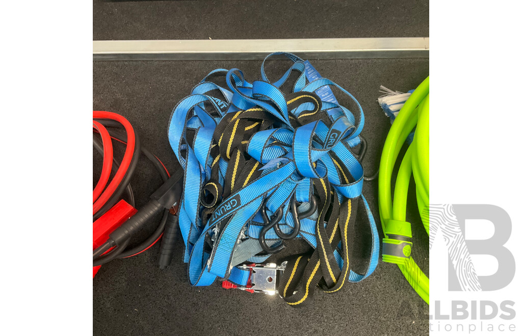 Clear Protective Self-adhering Plastic Film, SMART Overspray Masking Film, Green Hose, Assorted Ratchet Straps and Jumper Cables - Lot of 5