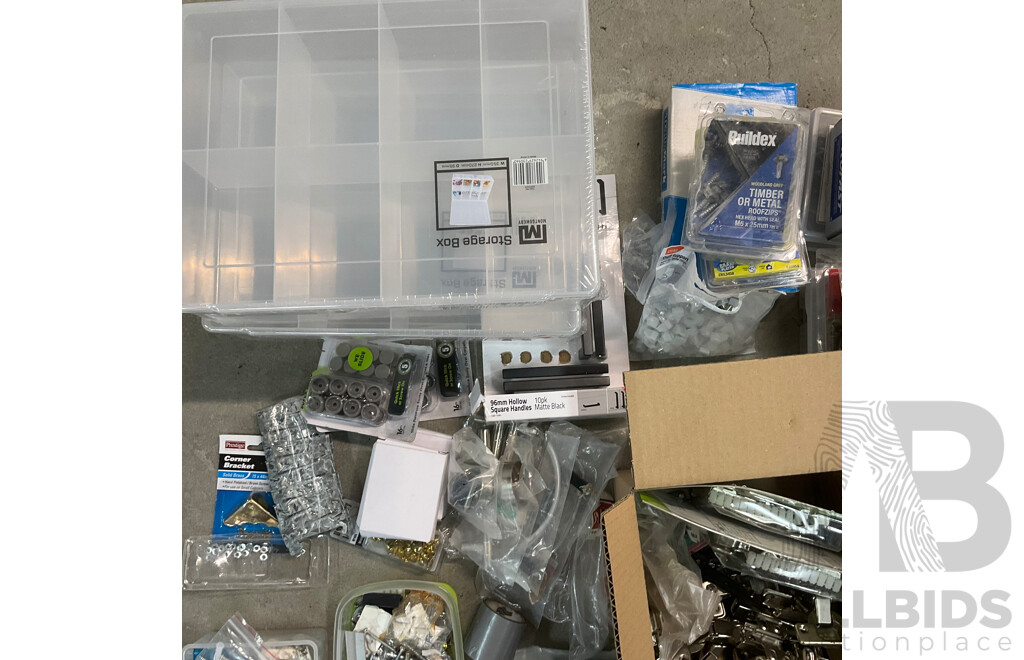 Assorted Hardware and Tools, Including Tile Cutter, Various Screws, Storage Boxes, Hinges, Handles, Polishing and Buffing Accessories and More