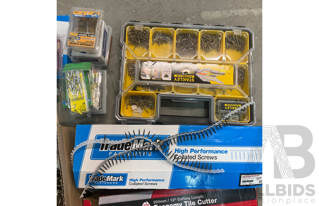 Assorted Hardware and Tools, Including Tile Cutter, Various Screws, Storage Boxes, Hinges, Handles, Polishing and Buffing Accessories and More