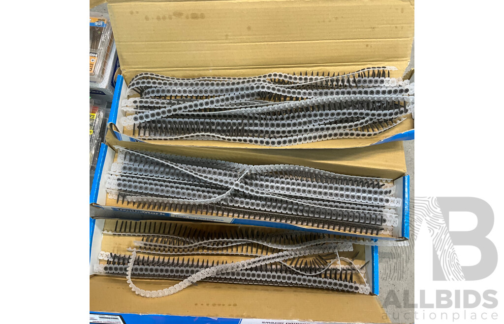 Assorted Hardware and Tools, Including Tile Cutter, Various Screws, Storage Boxes, Hinges, Handles, Polishing and Buffing Accessories and More