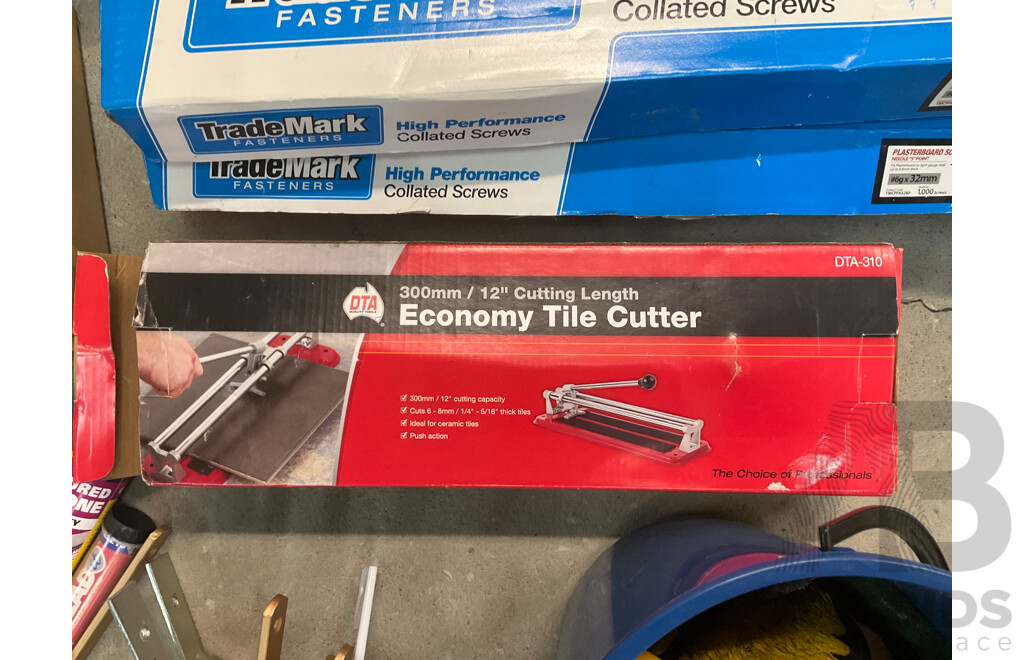 Assorted Hardware and Tools, Including Tile Cutter, Various Screws, Storage Boxes, Hinges, Handles, Polishing and Buffing Accessories and More
