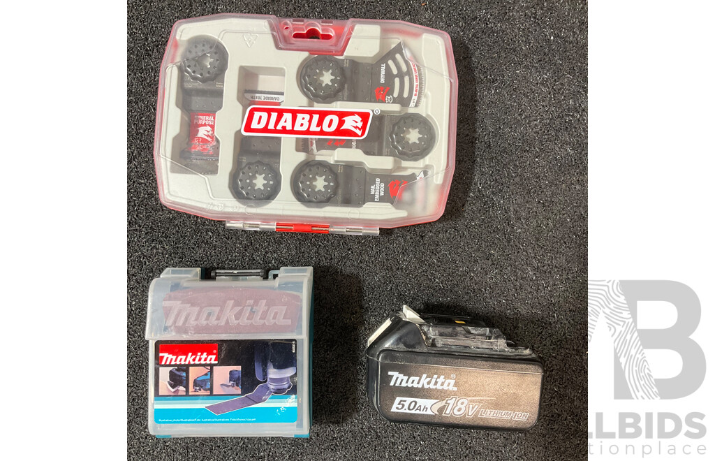 MAKITA 18V Multi-Tool (DTM51) with 5.0Ah Battery, DIABLO Blade Set and MAKITA Multi-Tool Kit - Lot of 4