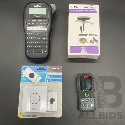 BROTHER Label Maker, ANTSIG Wireless Charger, ARLEC Wireless Door Chime and BOSCH Laser Mesure - Lot of 4