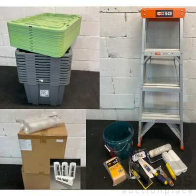 Assorted Painting Accessories, Storage Boxes and Plastic Cups