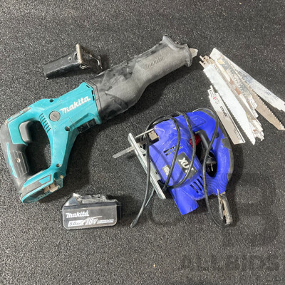 MAKITA 18V Reciprocating Saw (DJR186) with 5.0Ah Battery and Blades, XU1 Jigsaw - Lot of 3