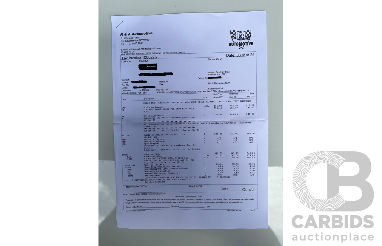 11/2014 Kia Sorento Si (4x2) XM MY14 4d Wagon Clear White V6 3.5L - 7 Seater