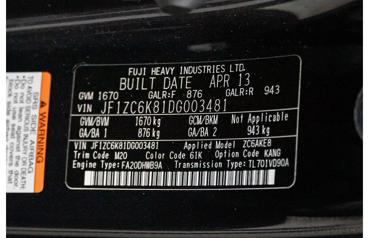 9/2013 Subaru BRZ  MY13 2d Coupe Dark Grey Metallic 2.0L