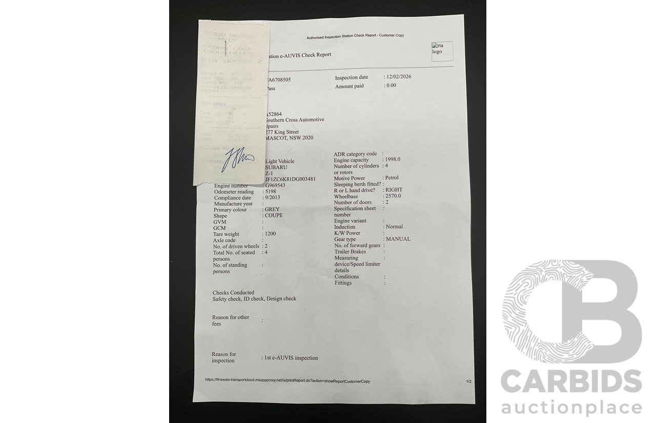 9/2013 Subaru BRZ  MY13 2d Coupe Dark Grey Metallic 2.0L