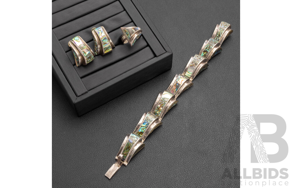 Vintage 925 Sterling Silver and Fine Inlayed Abalone Bracelet, Ring and Earrings Set - by Alfredo Villasana, Taxco, Mexico