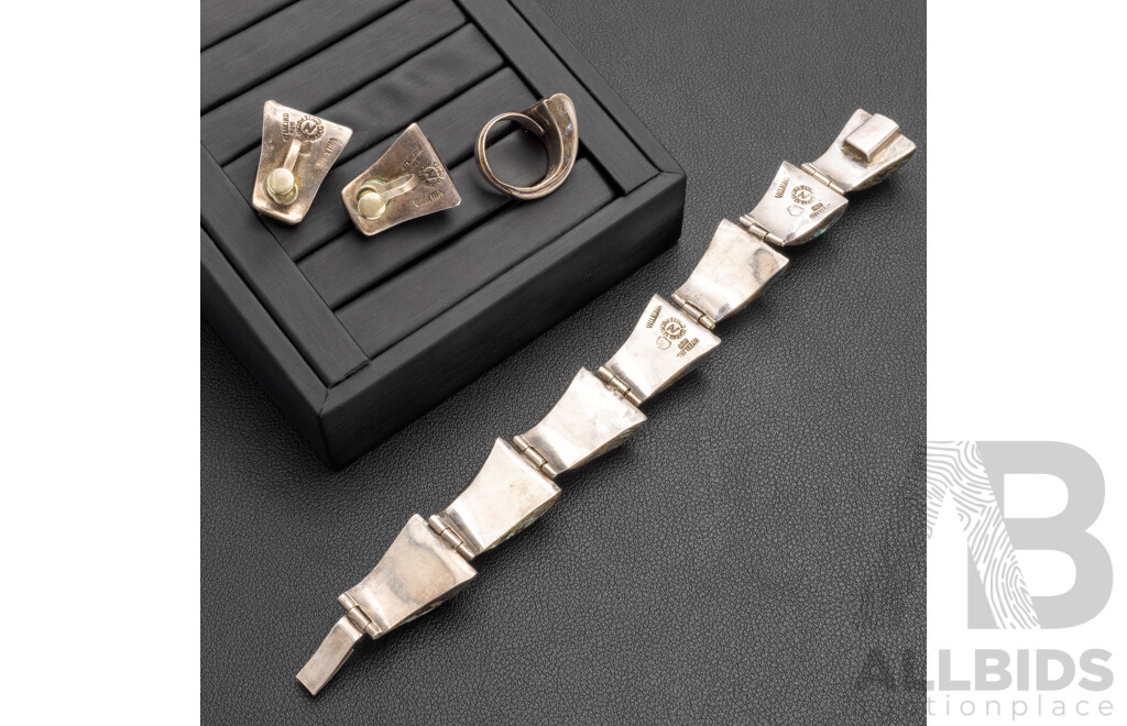 Vintage 925 Sterling Silver and Fine Inlayed Abalone Bracelet, Ring and Earrings Set - by Alfredo Villasana, Taxco, Mexico