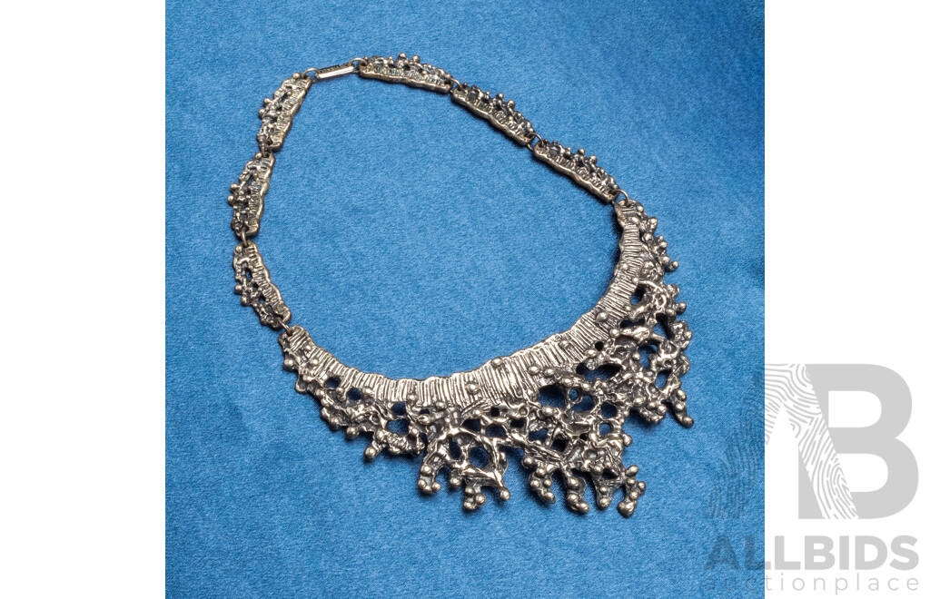 Vintage Handmade Oxidized Pewter Silver Tone Brutalist Necklace - by Robert Larin, Canada