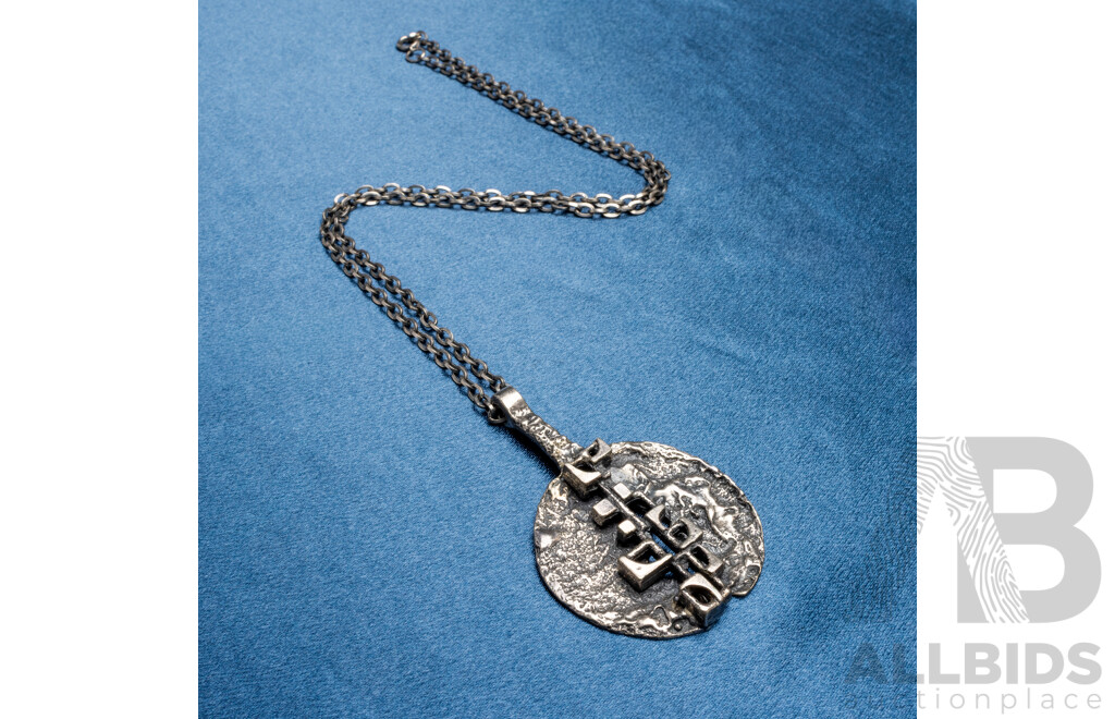 Vintage Oxidized Pewter Silver Tone Brutalist Pendant Necklace - by Robert Larin, Canada