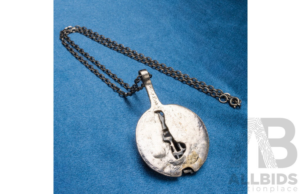 Vintage Oxidized Pewter Silver Tone Brutalist Pendant Necklace - by Robert Larin, Canada