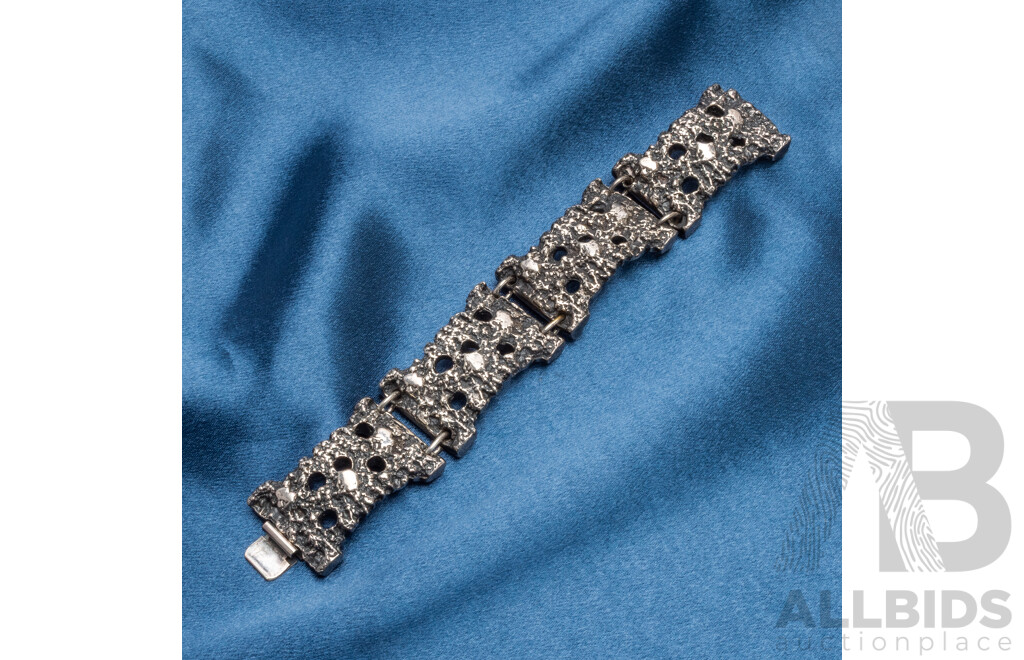 Vintage Handmade Oxidized Pewter Silver Tone Brutalist Panel-Link Bracelet - by Robert Larin, Canada