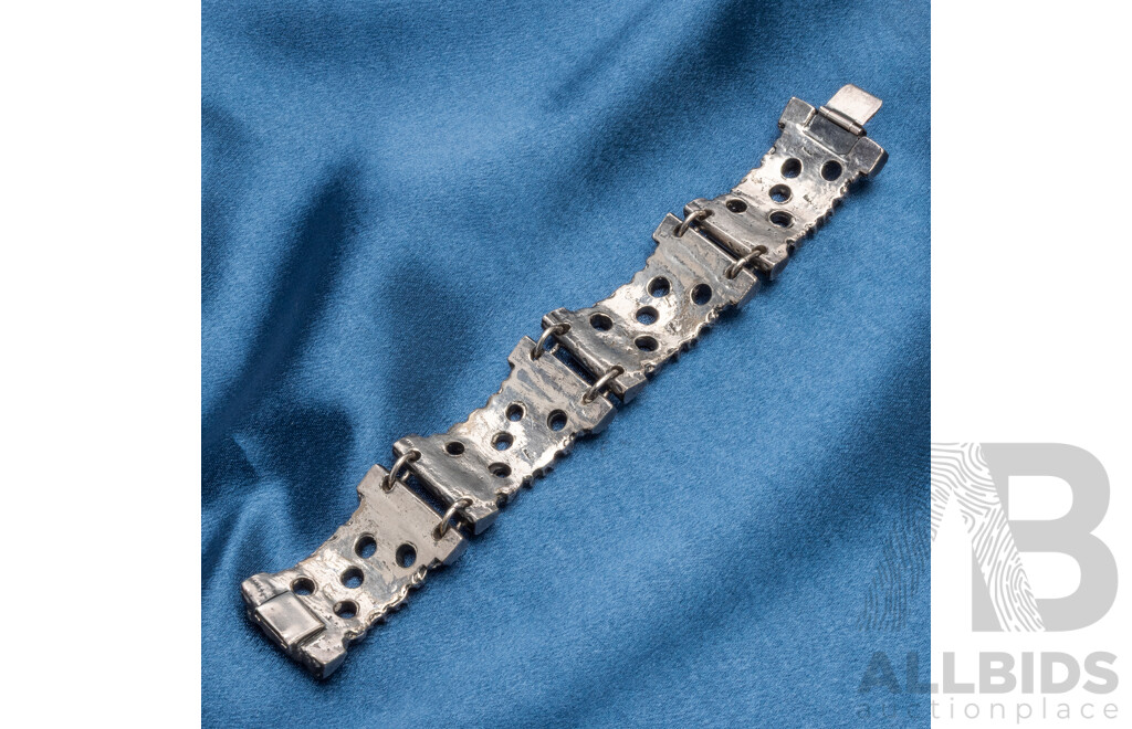Vintage Handmade Oxidized Pewter Silver Tone Brutalist Panel-Link Bracelet - by Robert Larin, Canada
