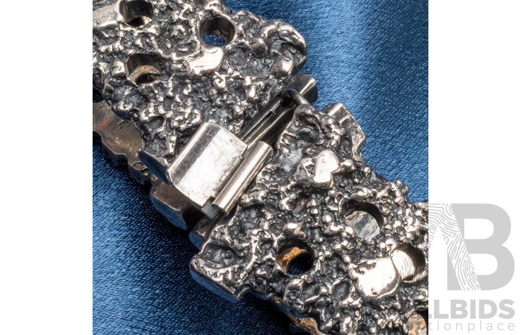 Vintage Handmade Oxidized Pewter Silver Tone Brutalist Panel-Link Bracelet - by Robert Larin, Canada