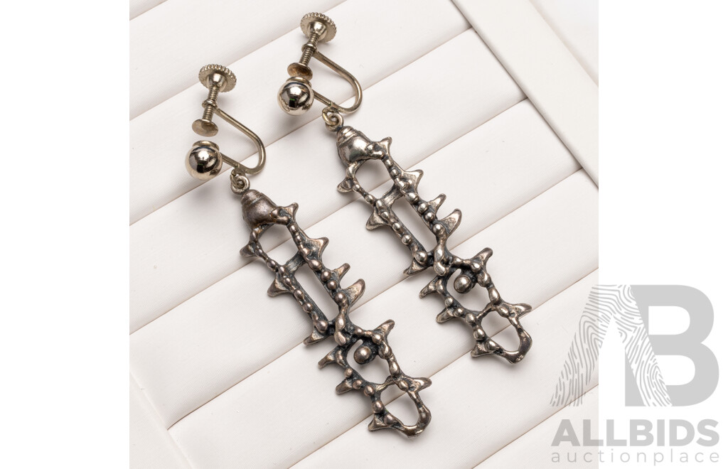 Vintage Handmade Oxidized Pewter Silver Tone Brutalist Screw-Clip Drop Earrings Pair - by Robert Larin, Canada